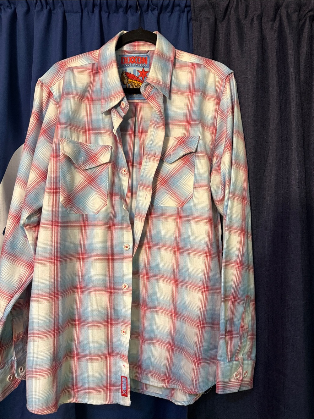 DIXXON Men’s Pale Blue and Red Plaid Button-Down Shirt